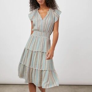 Rails Amellia Dress Medium Blue Stripe Smocked Waist Tiered Ruffle Cottagecore